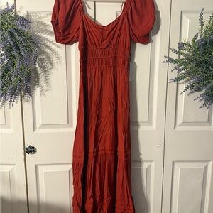 Rust Puff-Sleeve Maxi Dress with Smocked Waist